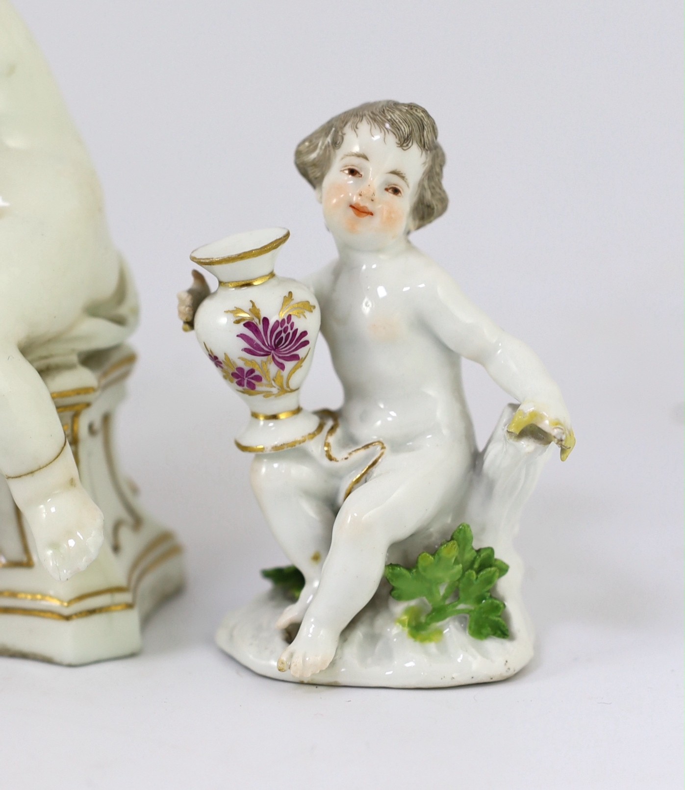 Six Meissen porcelain figures of putti and a boy, second half 18th century, 8.5cm - 14.5cm high, restorations